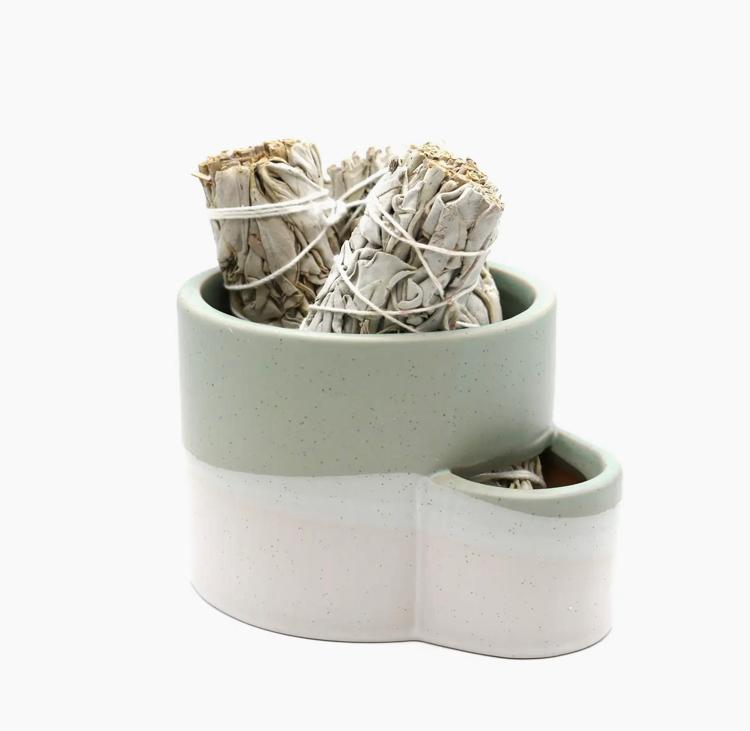 White & Green Ceramic Holder with Match Slot
